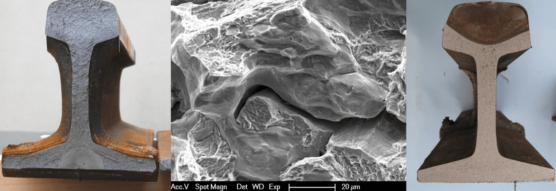 TÜV AUSTRIA TVFA: The image shows damage and root cause analysis of rails, left: fatigue crack in rail root, middle: SEM image of crack surface, right: fatigue crack in rail head.